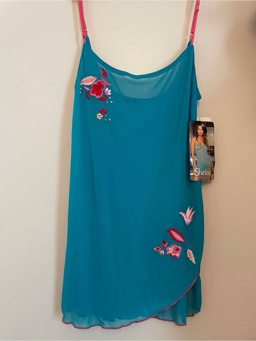 Shirley of Hollywood SheerTeal Slip with Floral Embroidery Accent NWT Size M